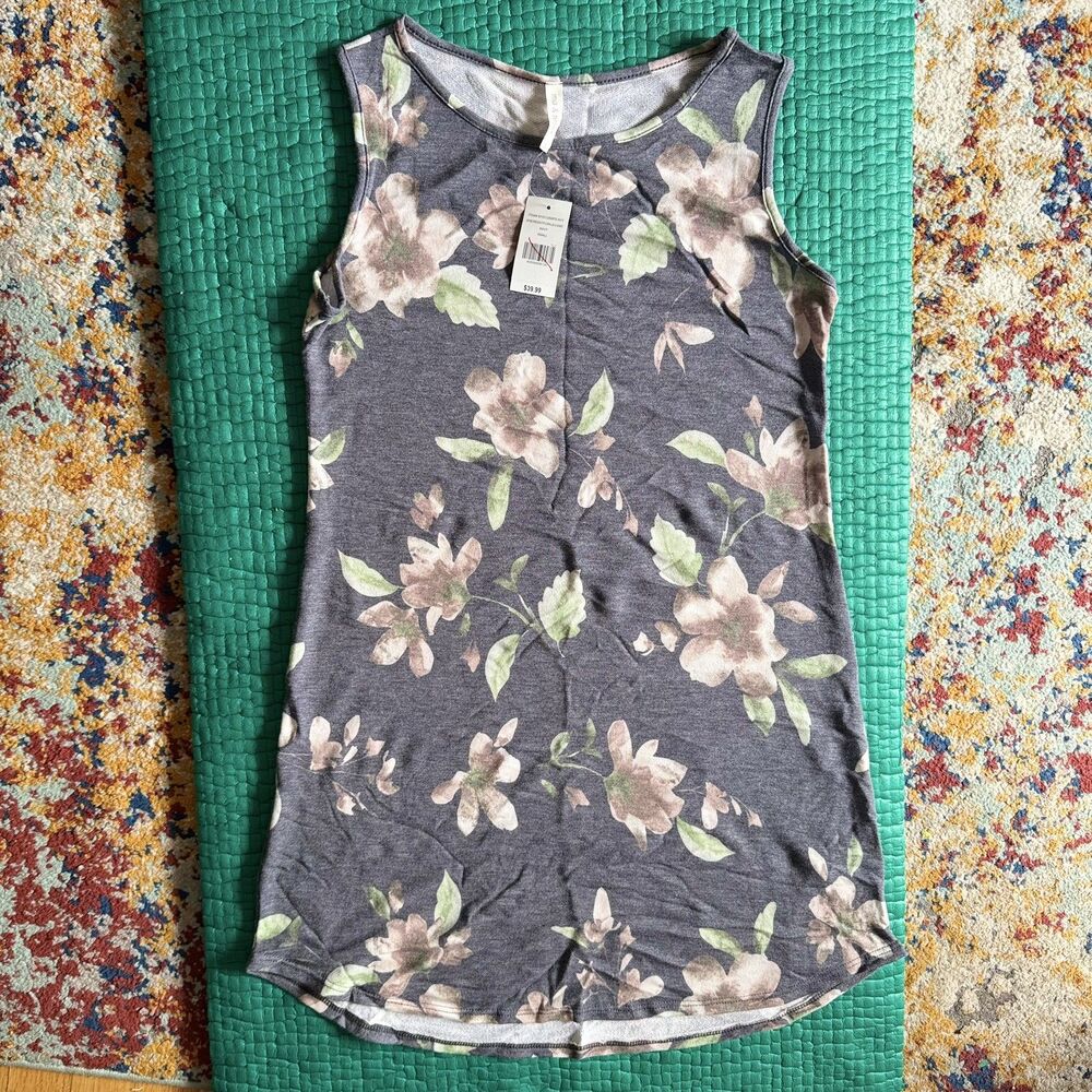 New NWT Mia & Tess Slate Blue Pink Floral Tank Dress S Casual Made in Usa Rayon